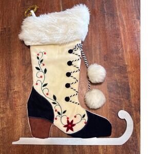 Prima Creations Victorian Ice Skate Christmas Stocking Cream Velvet Faux Fur 18"